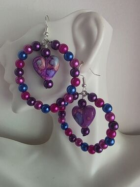Vibrant Purple Heart Bead Hoop Earrings with Pink & Blue Accents
